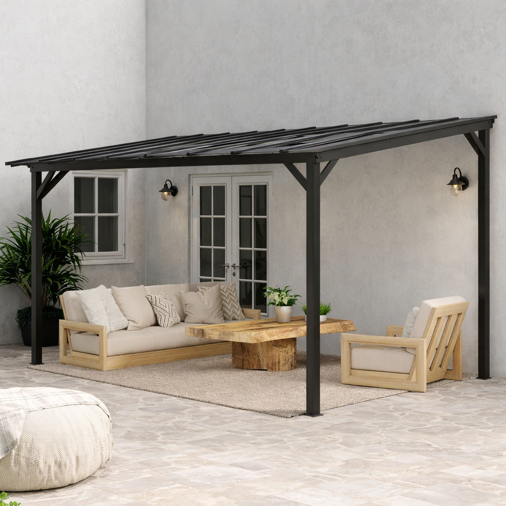 Outsunny 3x4.3m Metal Pergola With UPF 50 Plus Waterproof Polycarbonate Roof Wall Mounted Garden Gazebo Dark Grey