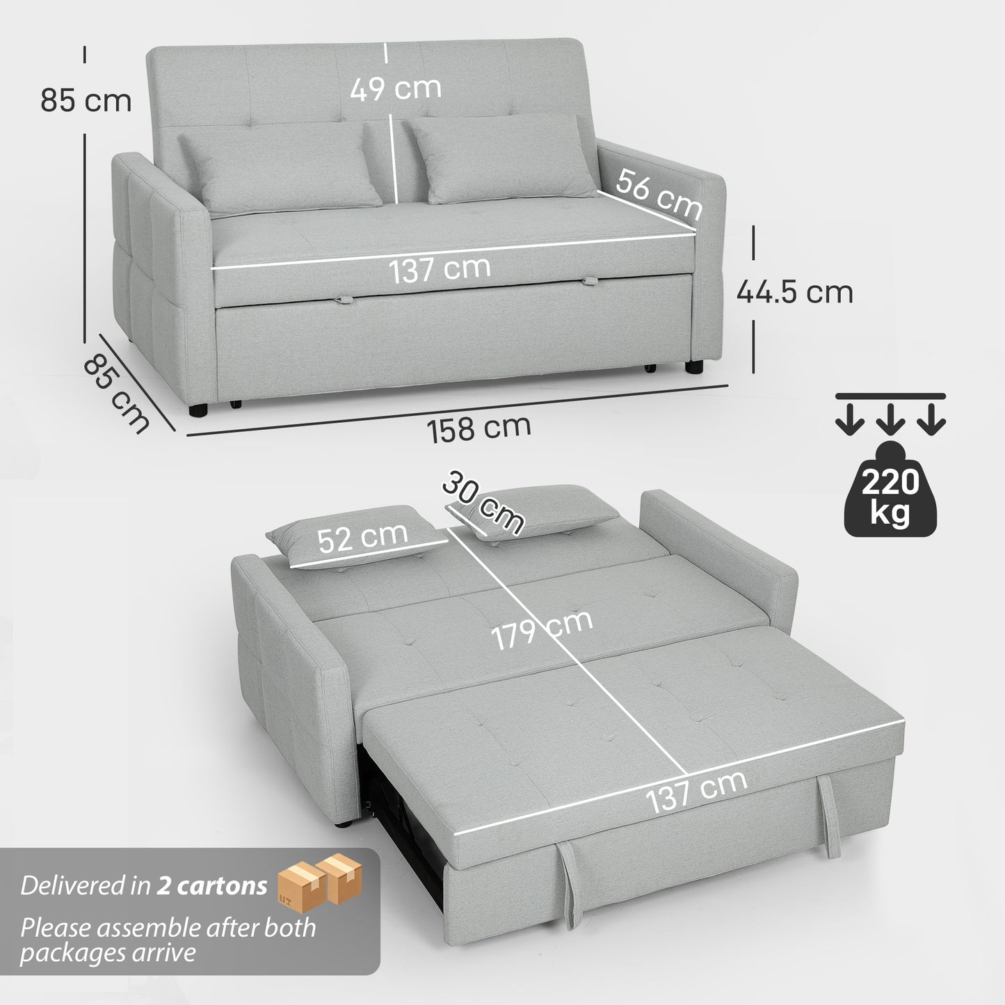 HOMCOM Three Way Two Seater Sofa Bed Light Grey Three In One Compact Linen Look Upholstered Sofa