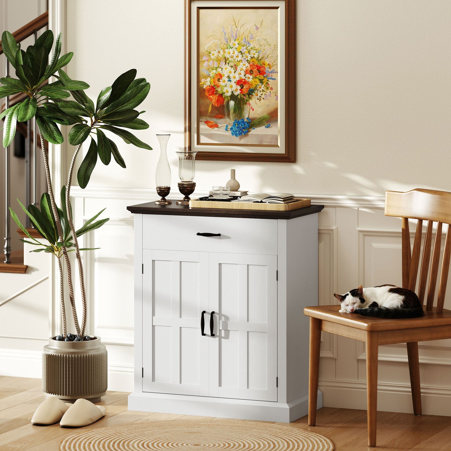 HOMCOM Farmhouse Sideboard With 3 Cm Thick Top And Two Barn Doors White Kitchen Storage Cabinet