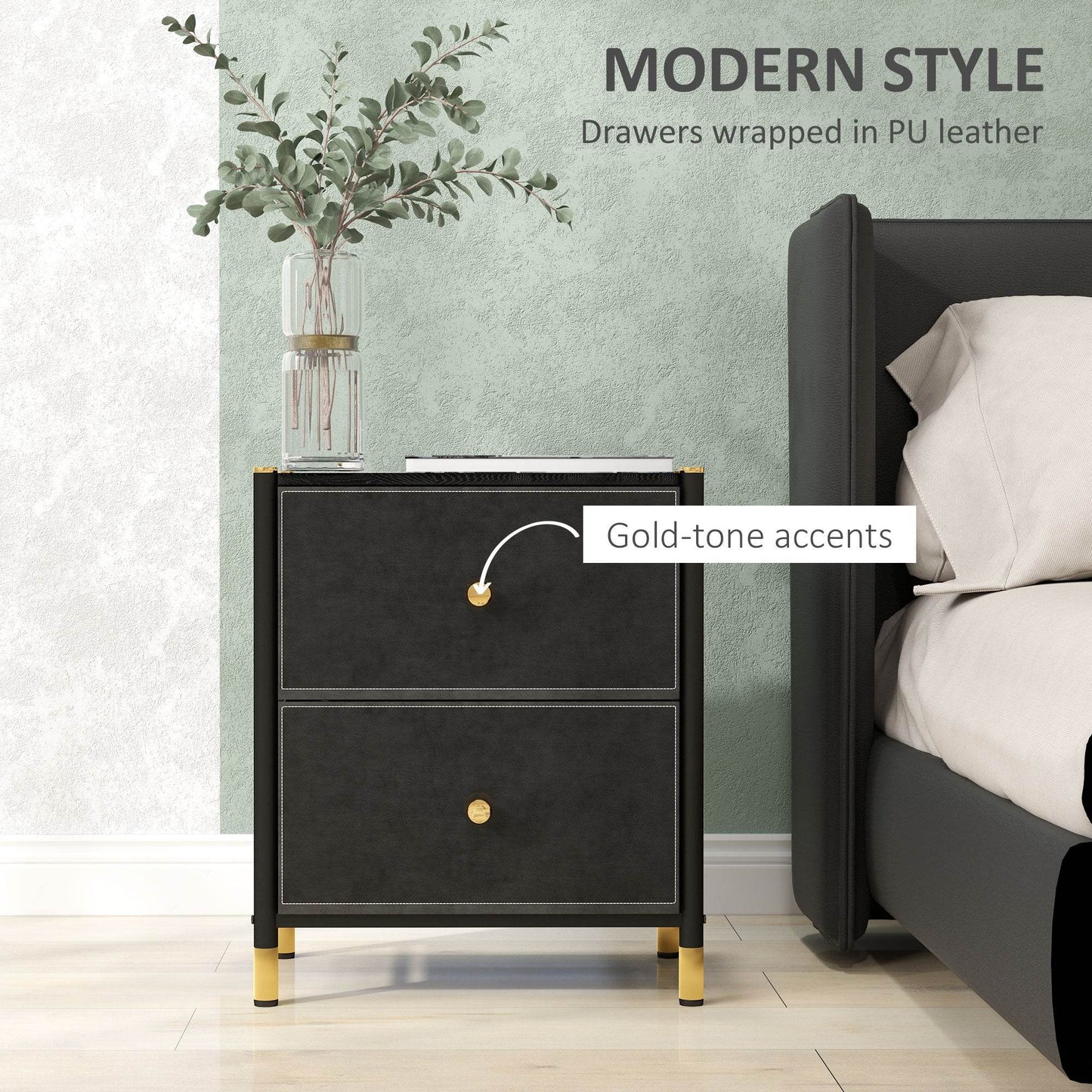 Luxurious Black PU Leather Nightstand with Gold Accents and Dual Drawers - ALL4U RETAILER LTD