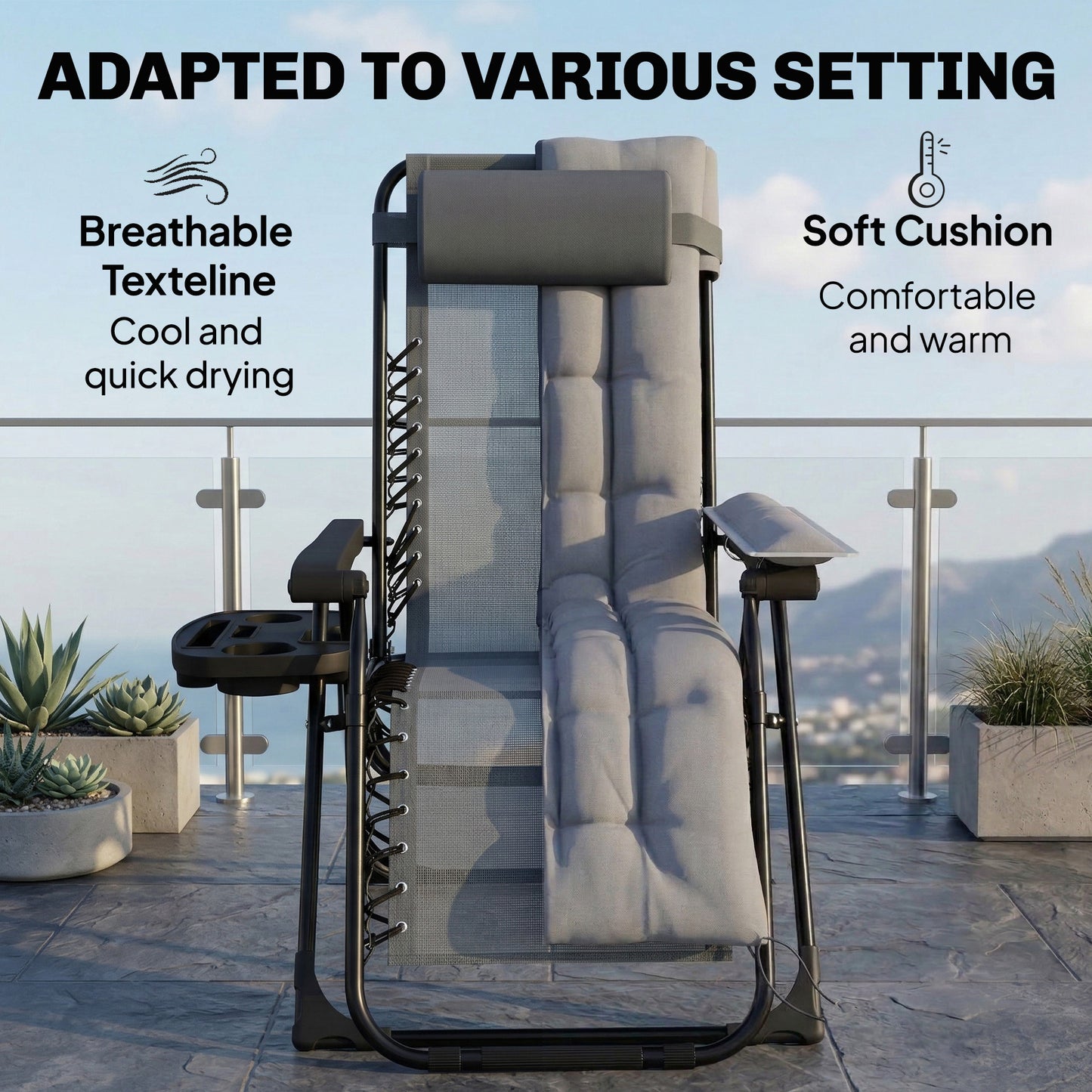 Outsunny Zero Gravity Folding Sun Lounger Recliner With Arm Pads Cushion Cup Holder Headrest Light Grey