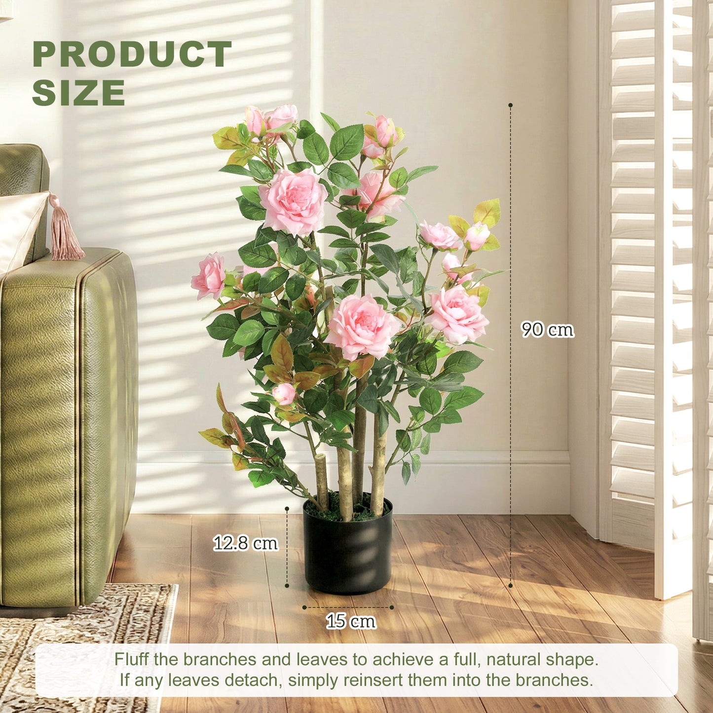 HOMCOM 90cm Artificial Rose Tree with 344 Silk Leaves and 17 Pink Flowers for Indoor and Outdoor Decor