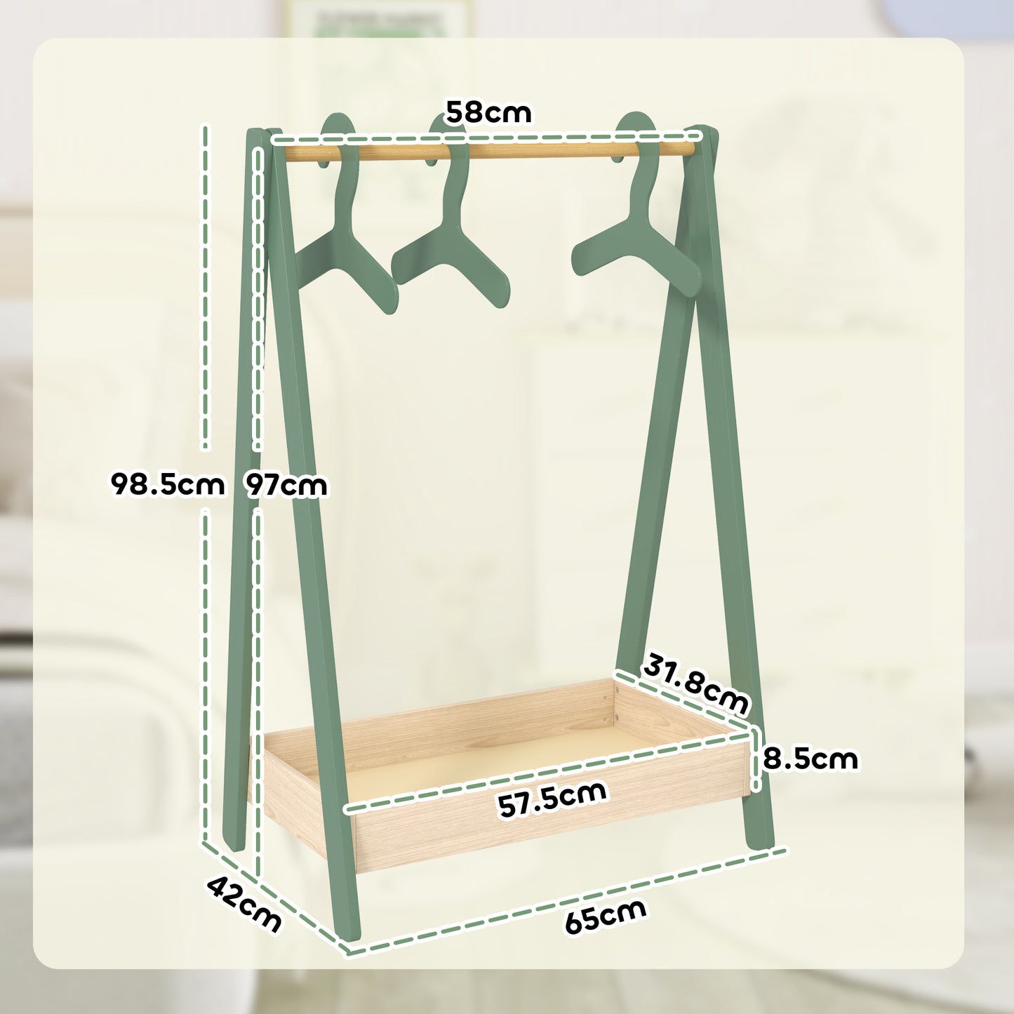 AIYAPLAY Kids Clothes Rail With Three Hangers And Bottom Storage Shelf For Girls And Boys Nursery Bedroom Green