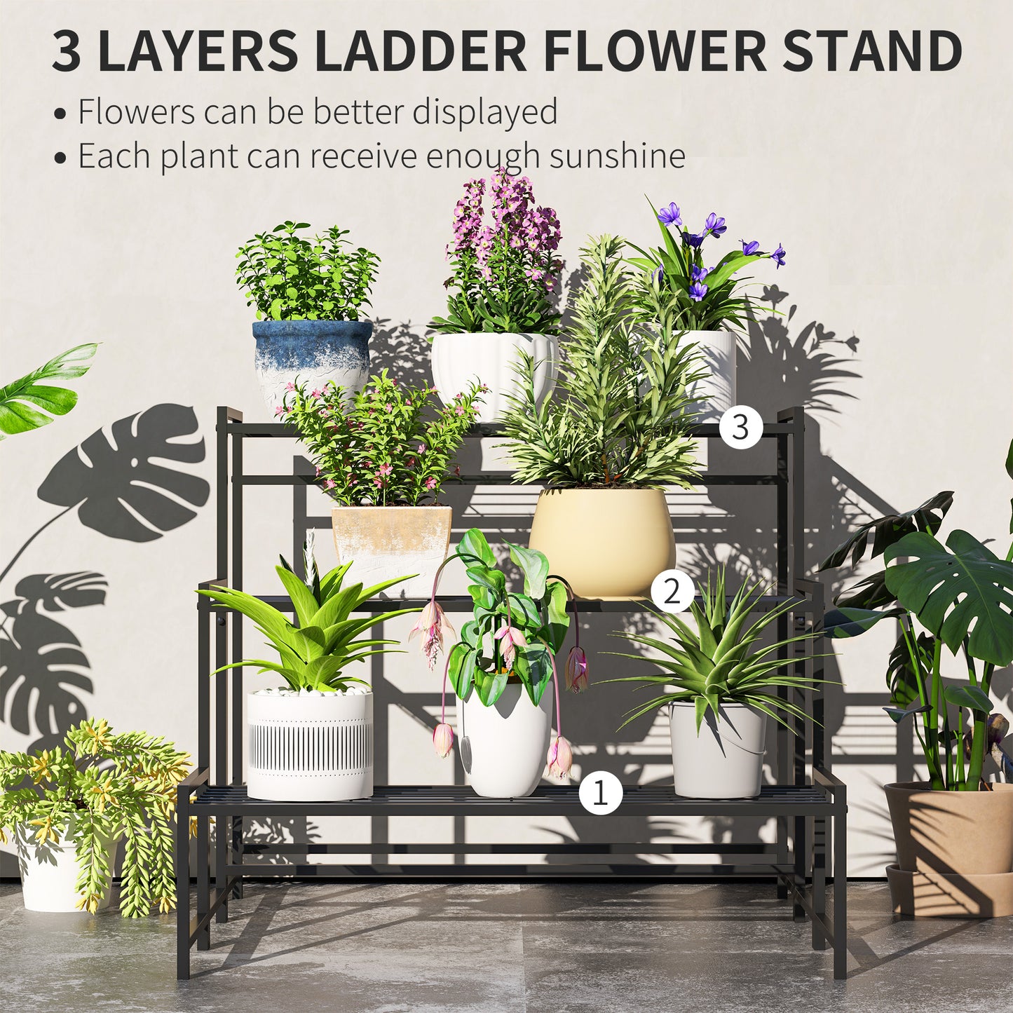 Outsunny Three Tier Metal Plant Shelf Stand Black Indoor Outdoor Garden Tiered Plant Organizer With Slatted Shelves
