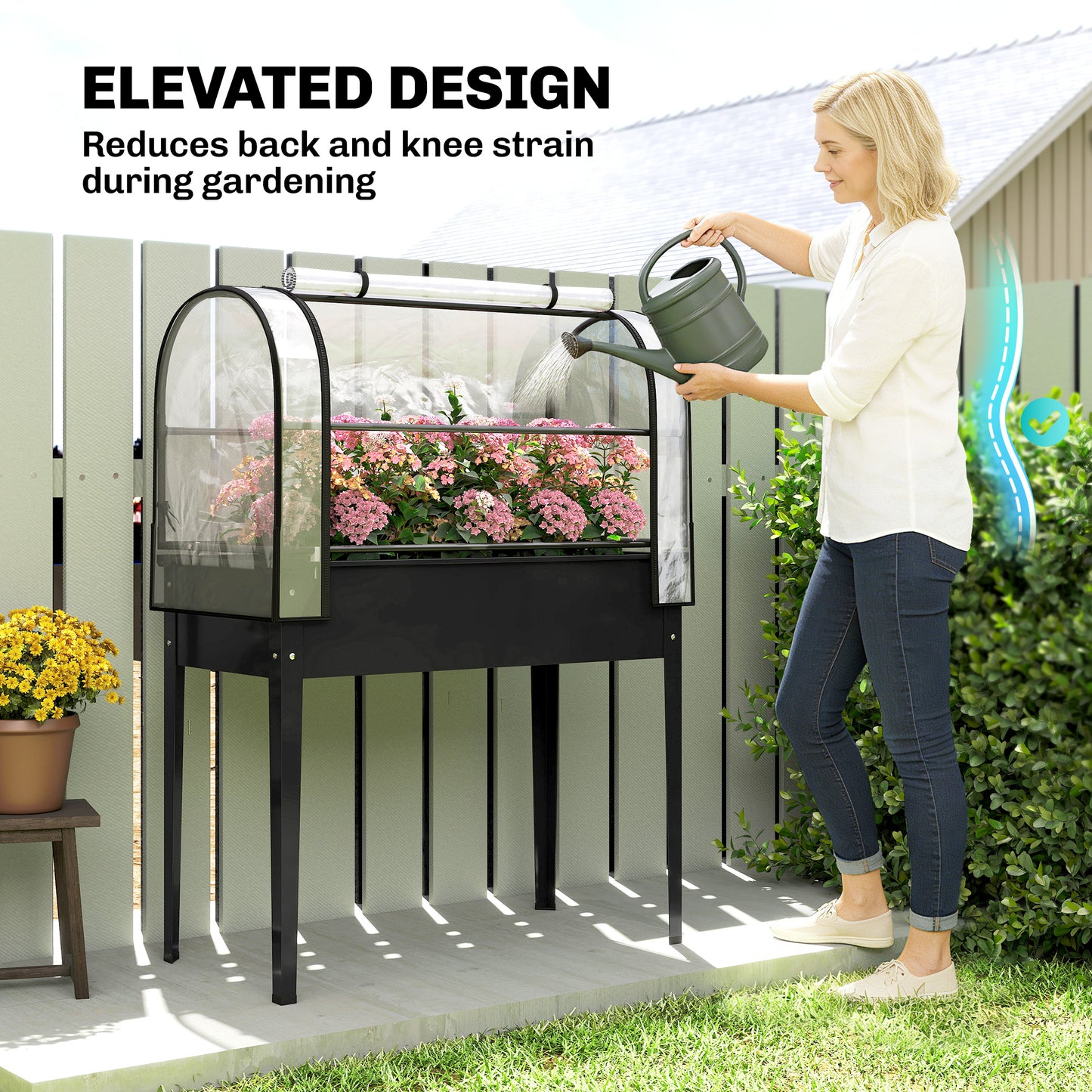Outsunny Raised Planter With Flip Up Greenhouse Cover On Legs Drainage Hole Black Metal Garden Bed