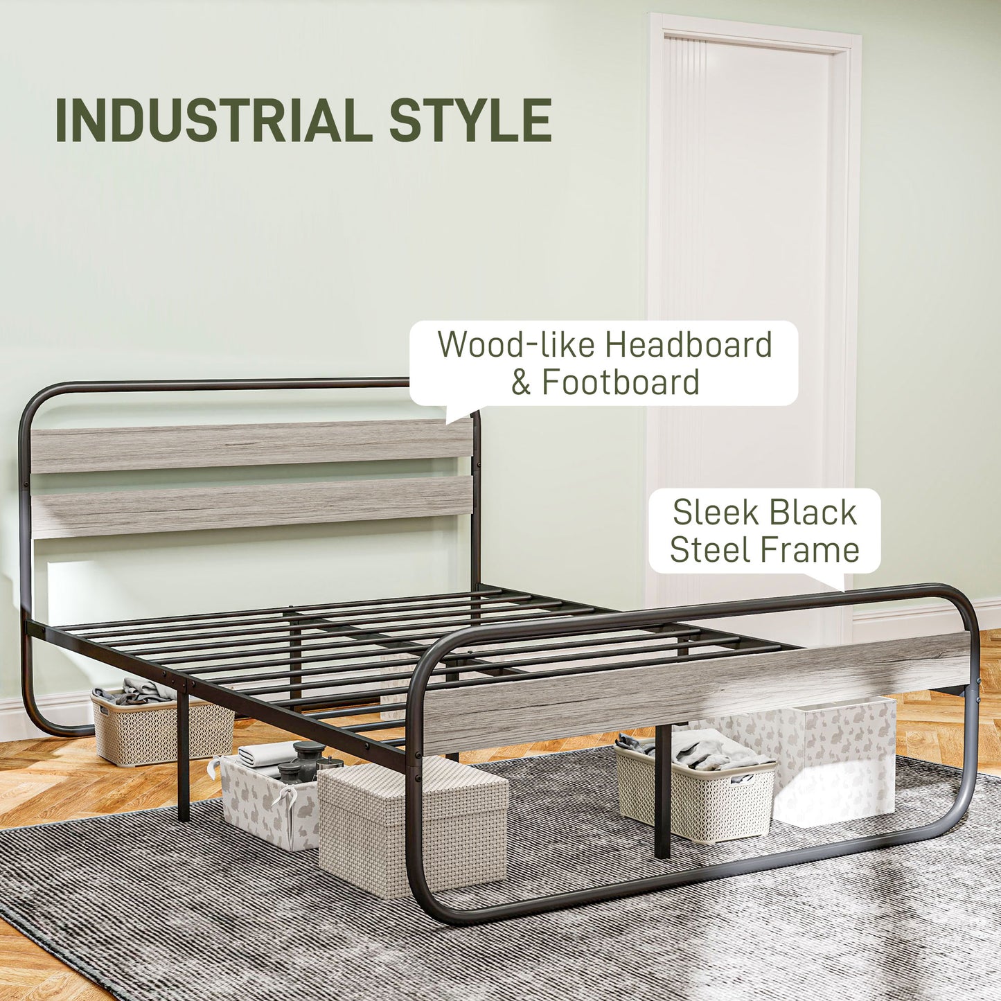 HOMCOM 4ft6 Double Bed Frame Metal Platform Bed With Under Bed Storage No Box Spring Needed Easy Assembly Grey