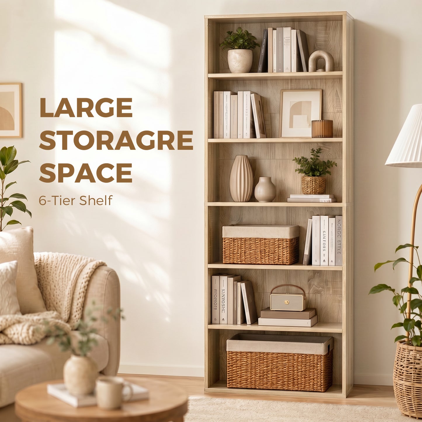 HOMCOM Freestanding 6 Tier Bookshelf With Adjustable Shelves Oak Finish For Living Room And Study