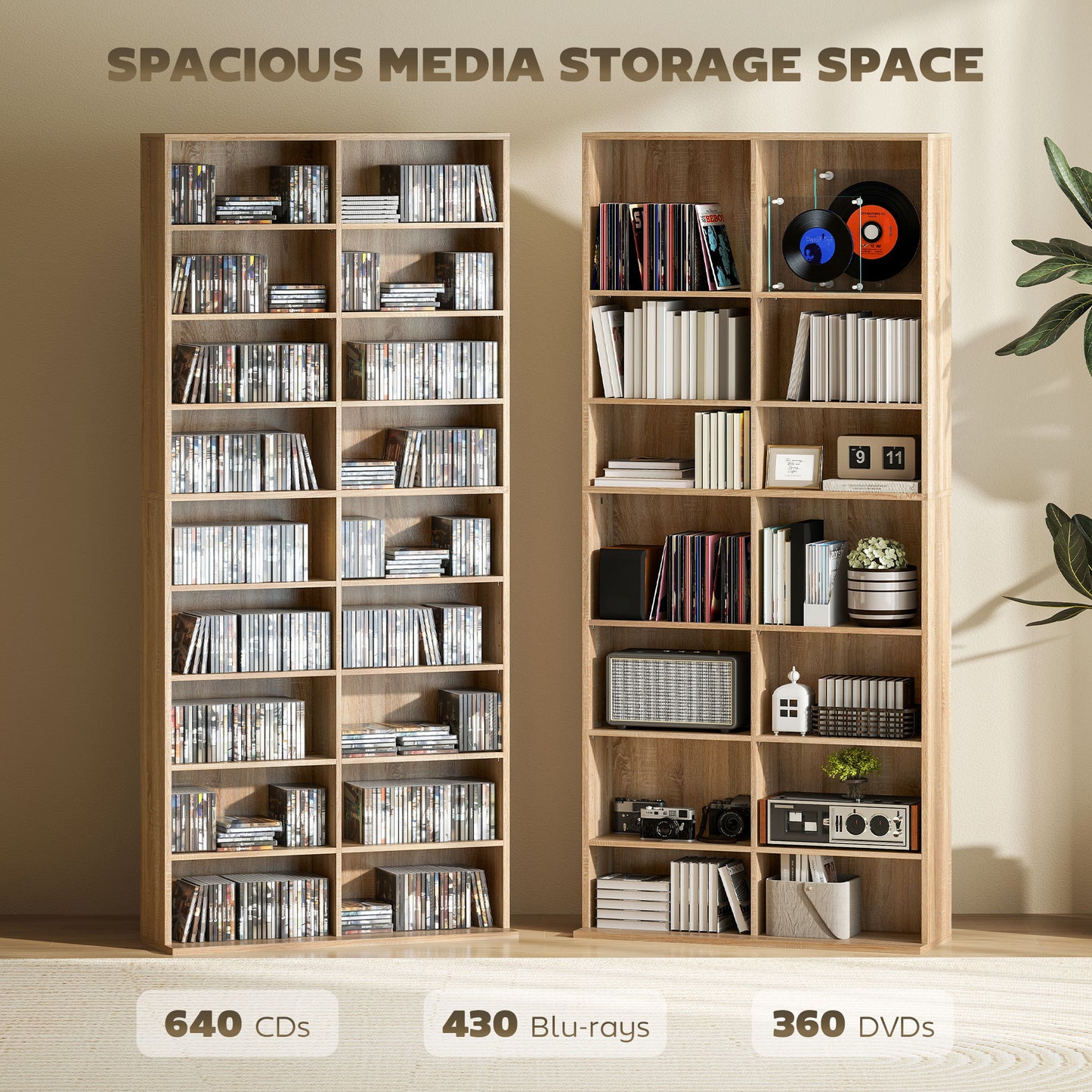 HOMCOM 640 CD Storage Tower In Nature Wood Finish With 14 Adjustable Shelves And Anti Tipping Design
