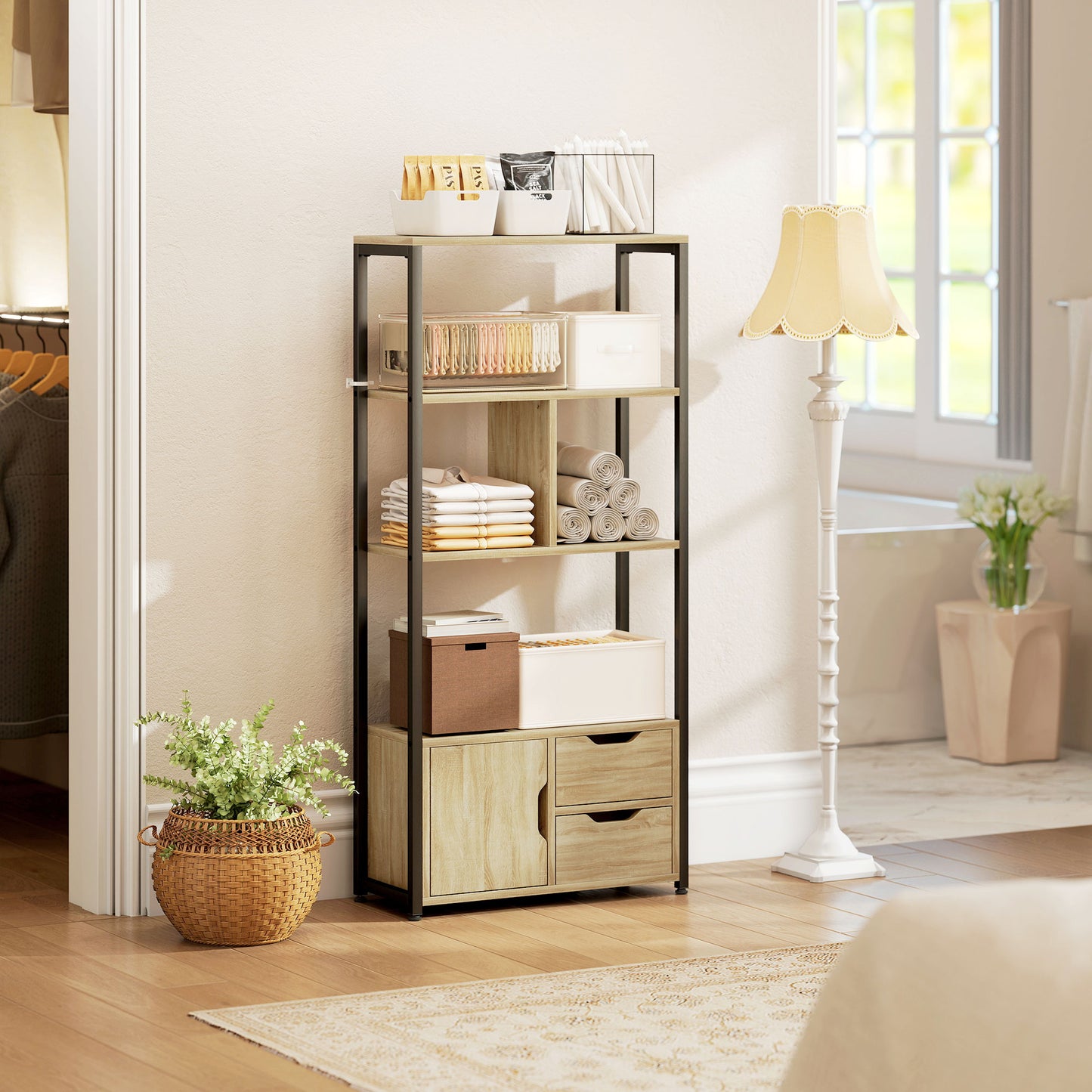 HOMCOM 4 Tier Bookcase With Cabinet And 2 Drawers Natural Wood Industrial Loft Style For Living Room Bedroom And Study