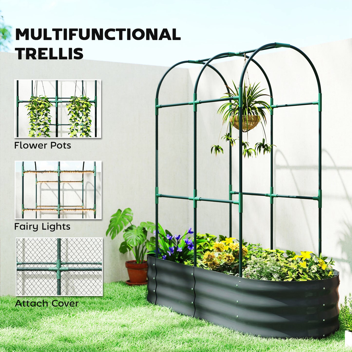 Outsunny Galvanised Raised Garden Bed With Arched Trellis 4 X 2 X 4.6 Ft Open Bottom Metal Planter Dark Grey