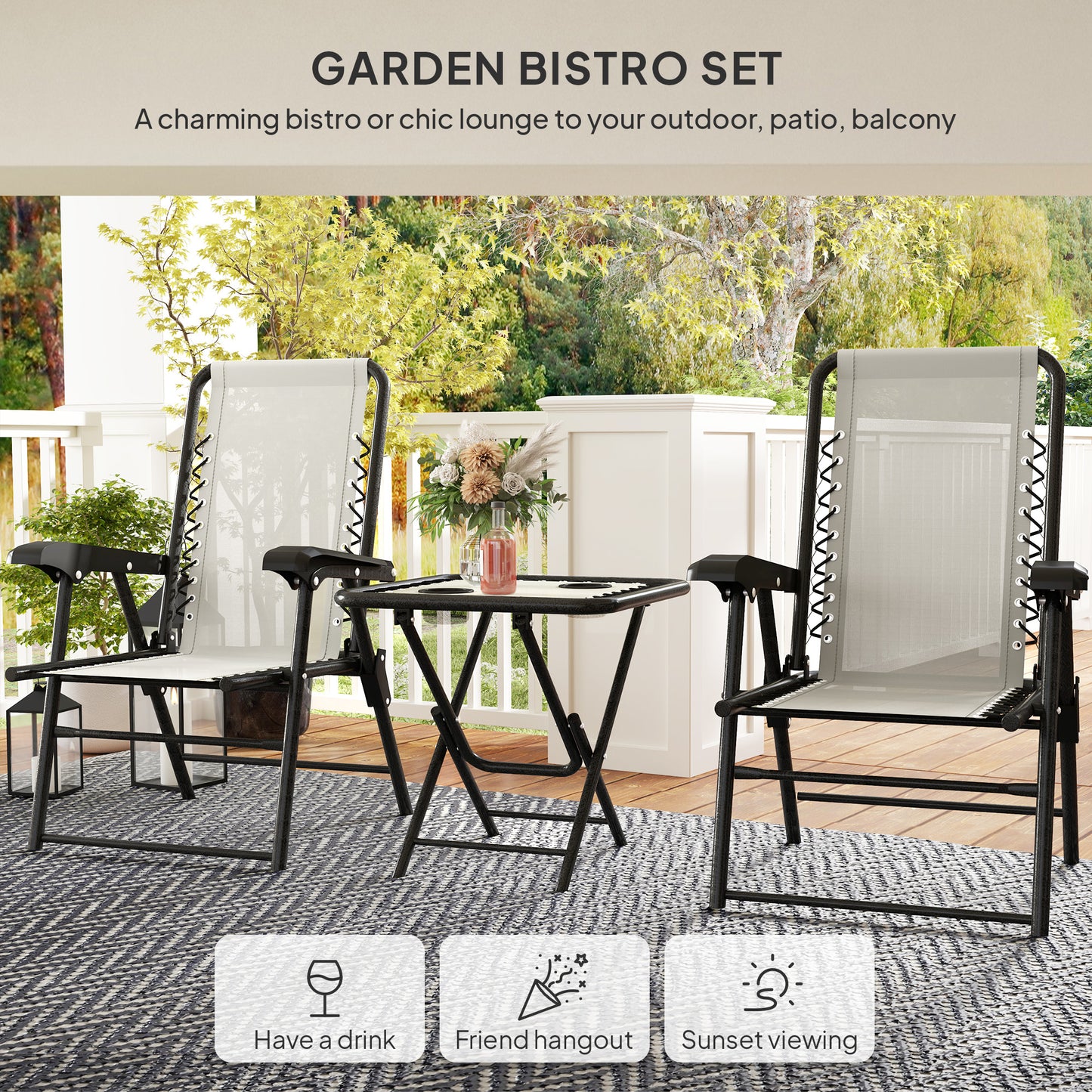 Outsunny Cream White Three Piece Garden Table And Chair Set With Two Armchairs And Coffee Table