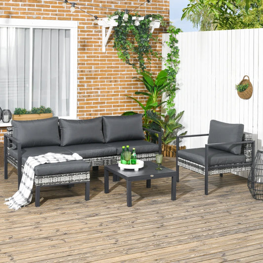 Outsunny 6-Piece Patio Furniture Set - Charcoal Grey Outdoor Sofa, Armchair, Stool, Metal Table with Cushions