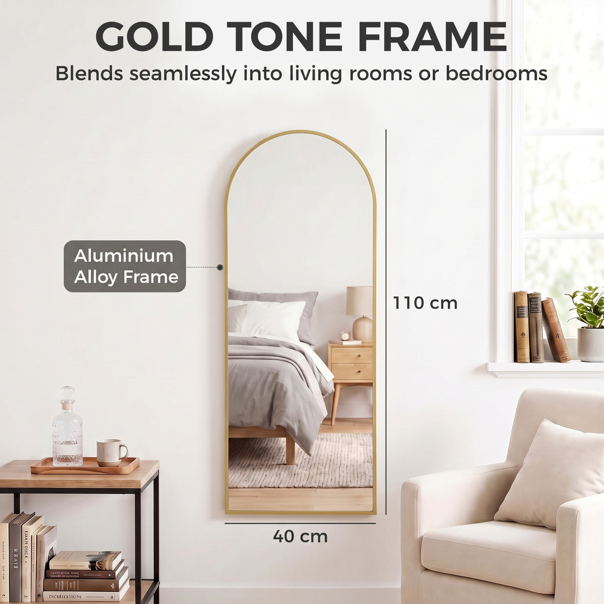 Gold arched hanging mirror, 110 cm height, aluminum alloy frame