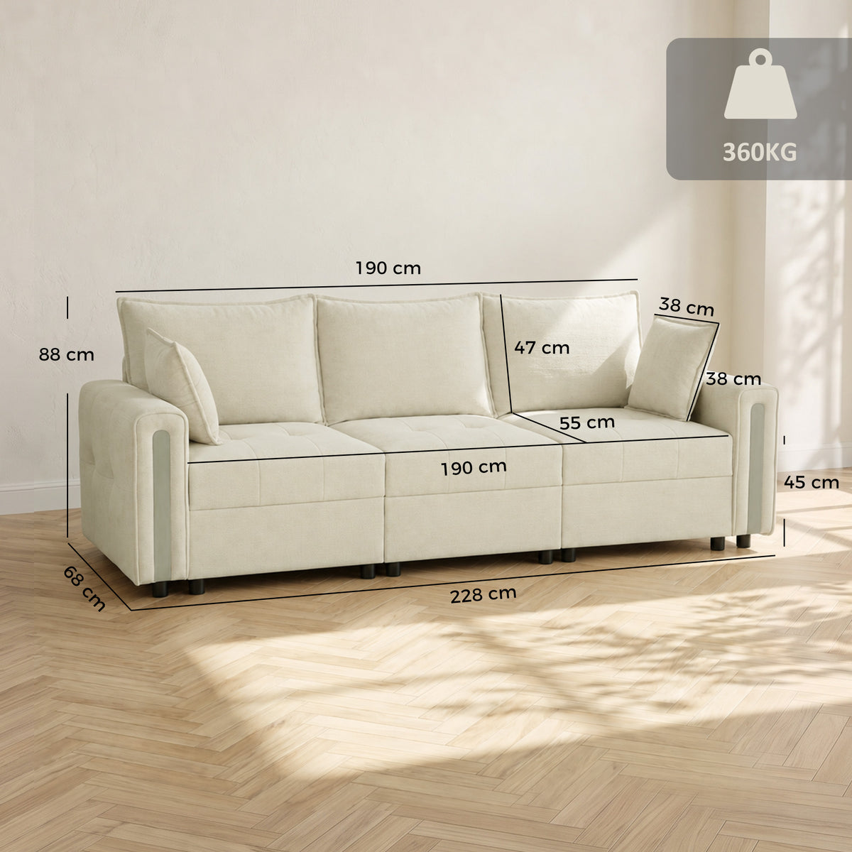 Beige 3-seat velvet sofa, front view with labeled dimensions