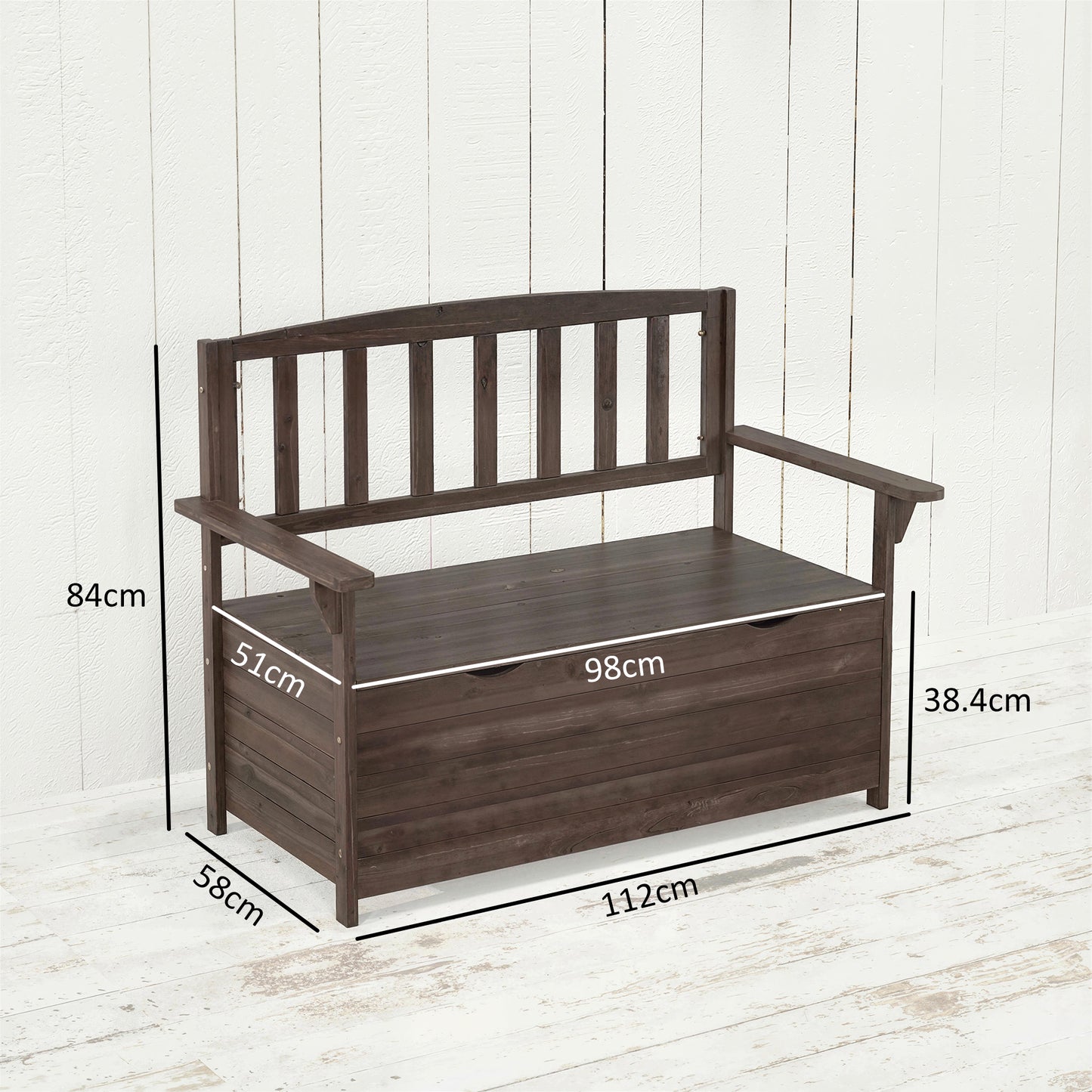 Outsunny Outdoor 2 Seater Garden Bench With Storage Brown Fir Wood Backrest And Armrests 112 X 84 X 58 Cm