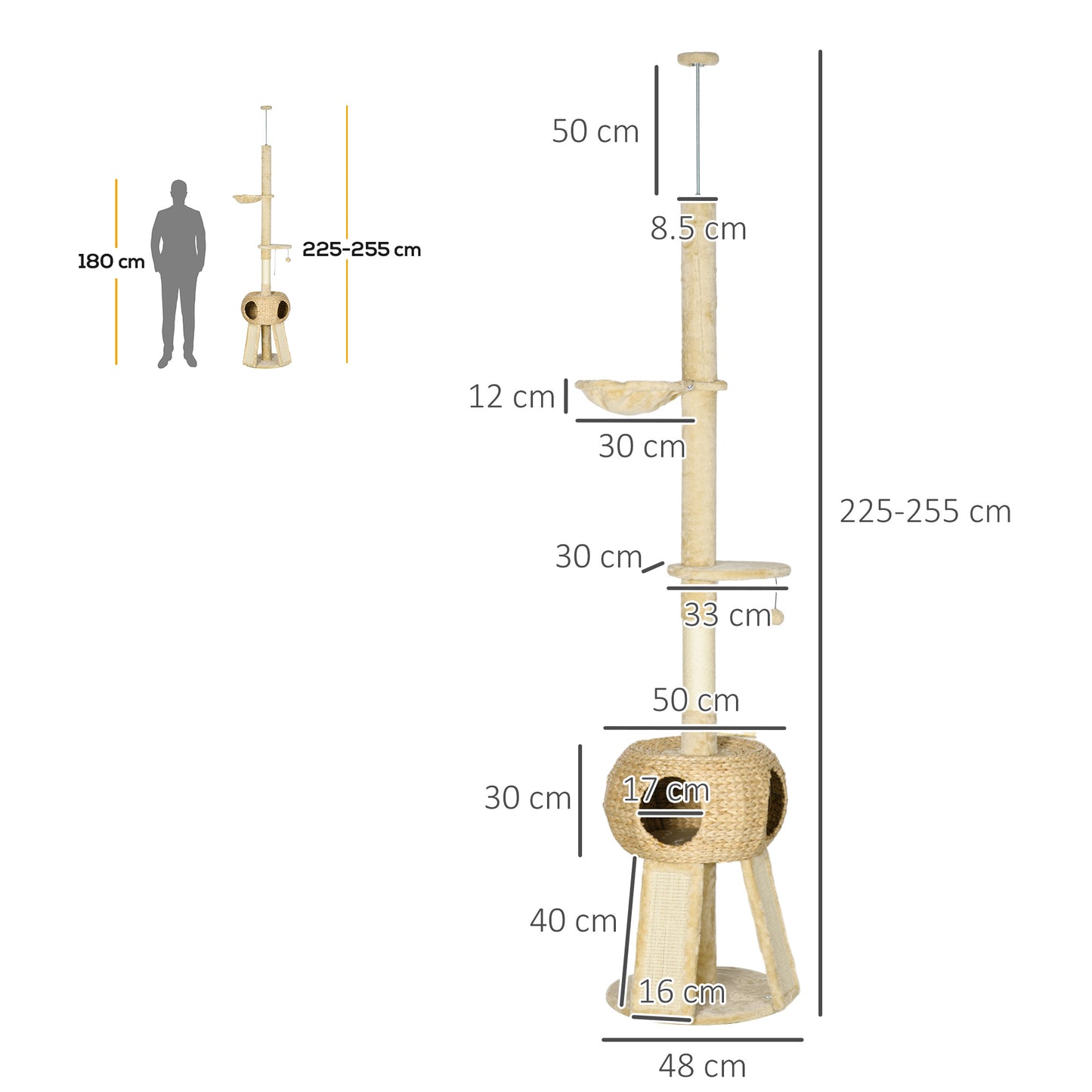 PawHut Ultimate 255cm Cat Tower with Cozy Hideaway, Scratching Post & Perches in Beige - ALL4U RETAILER LTD