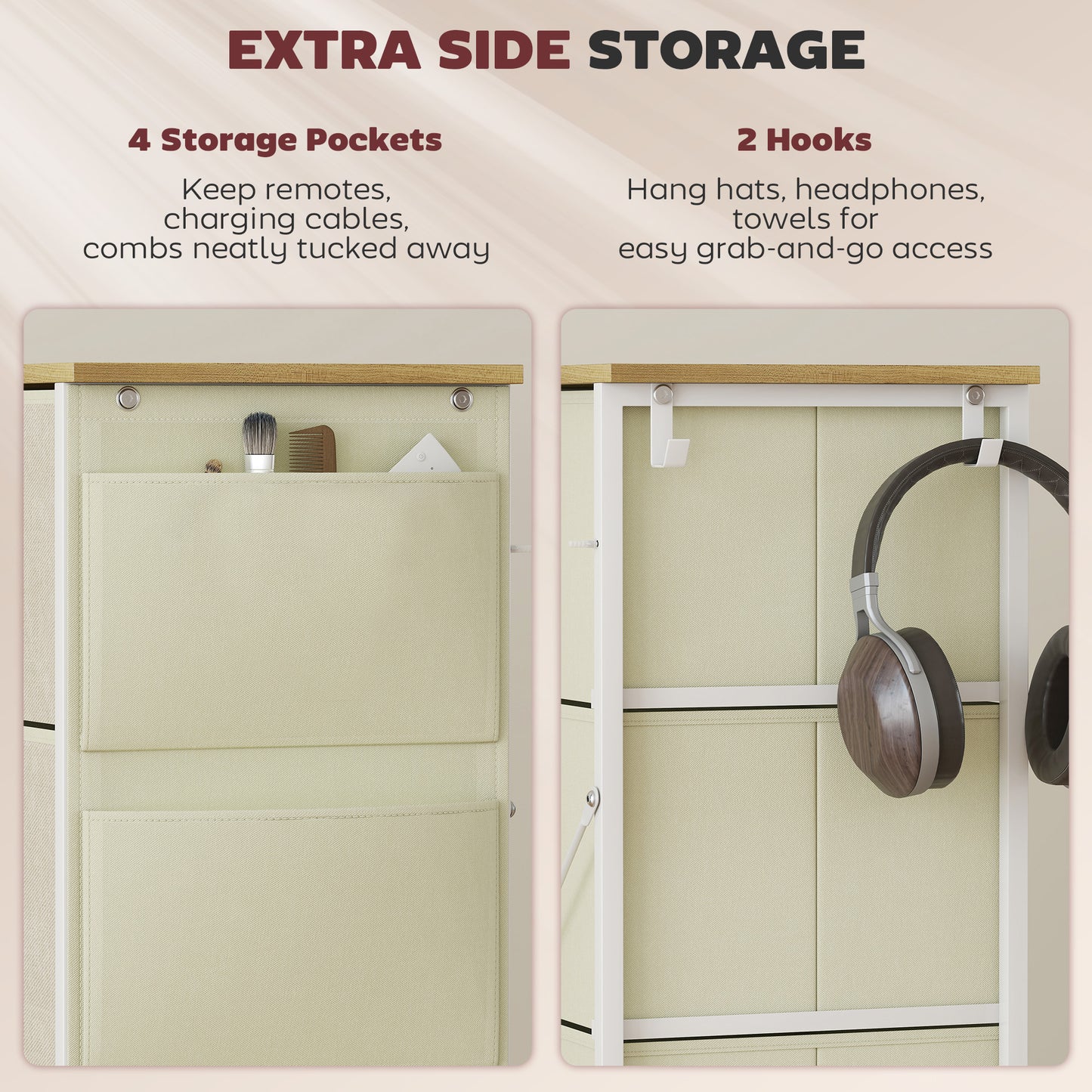 HOMCOM Chest Of Four Fabric Drawers Beige With Side Pockets And Hooks Steel Frame Storage Organizer