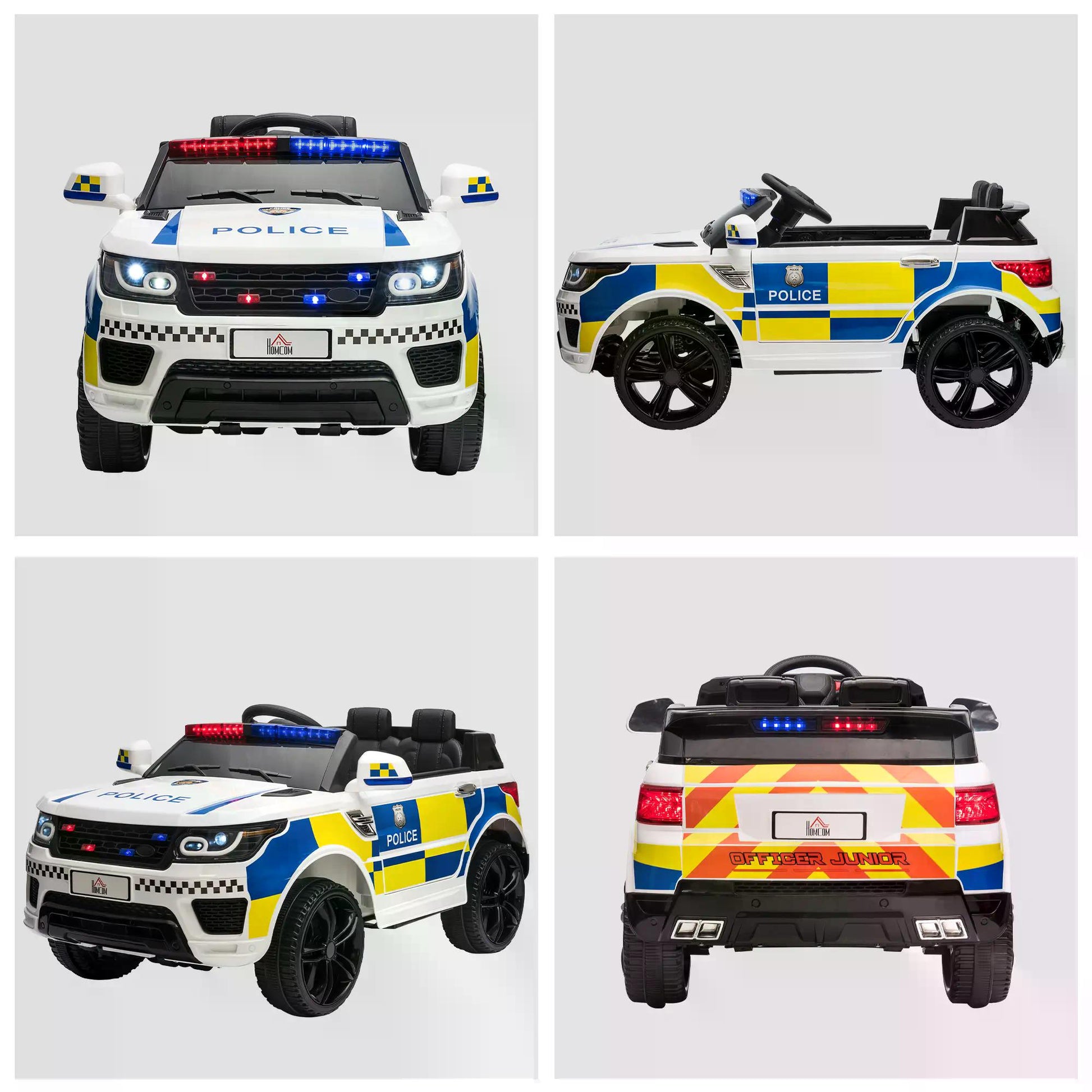 HOMCOM 12V Kid's Remote Control Police Ride-On Car with Bluetooth, Siren, and Flashing Lights for Ages 3-6 - White - ALL4U RETAILER LTD