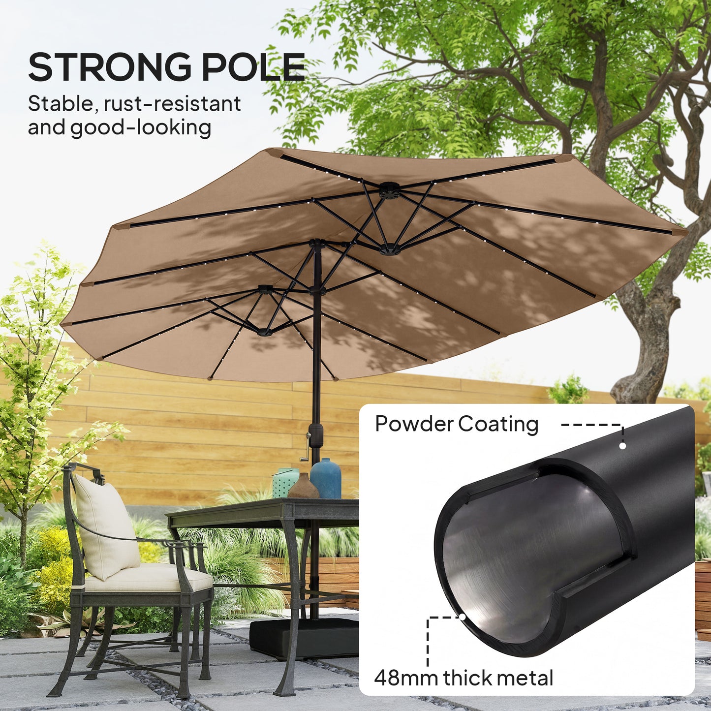 Outsunny Double Sided Patio Umbrella With Solar Powered LED Lights And Base Khaki 450 X 265 Cm Shade