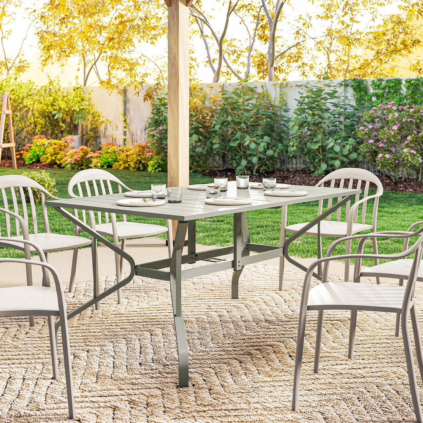 Outsunny Rectangle Garden Table With Parasol Hole For Outdoor Dining For 6 Seats 150cm By 90cm Light Grey Patio Balcony