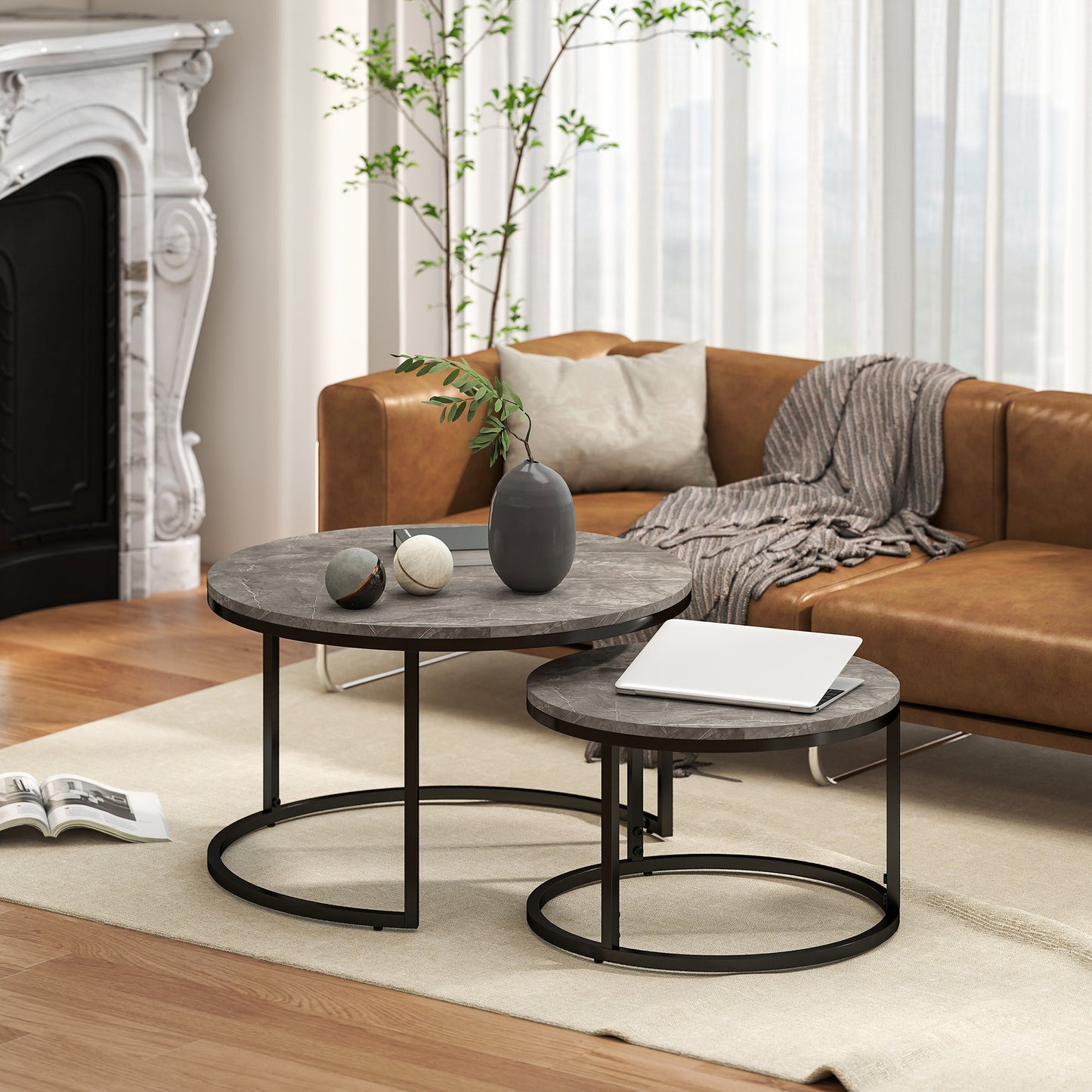 HOMCOM Industrial Nesting Round Coffee Tables Set 2 With Faux Marbled Top And Steel Frame
