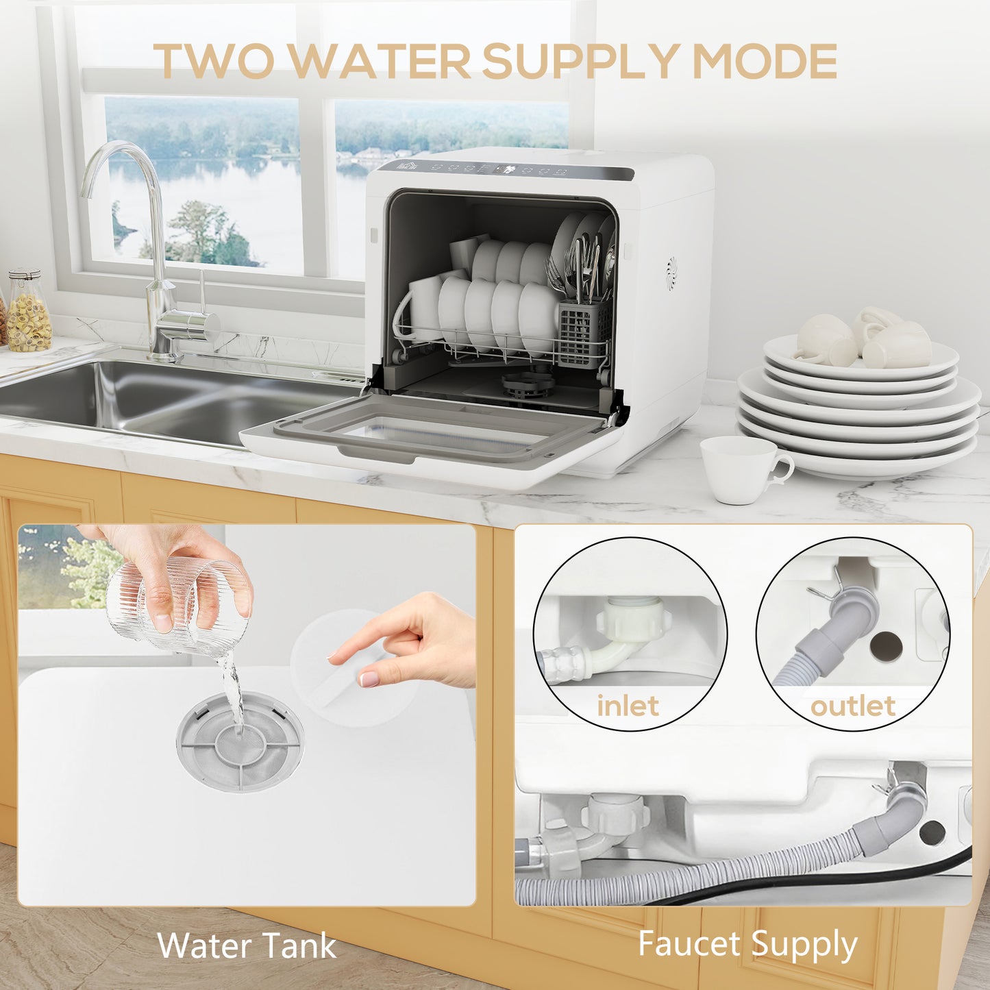 HOMCOM 6L Five Modes Tabletop Dishwasher White Compact Kitchen Appliance Fruit Wash