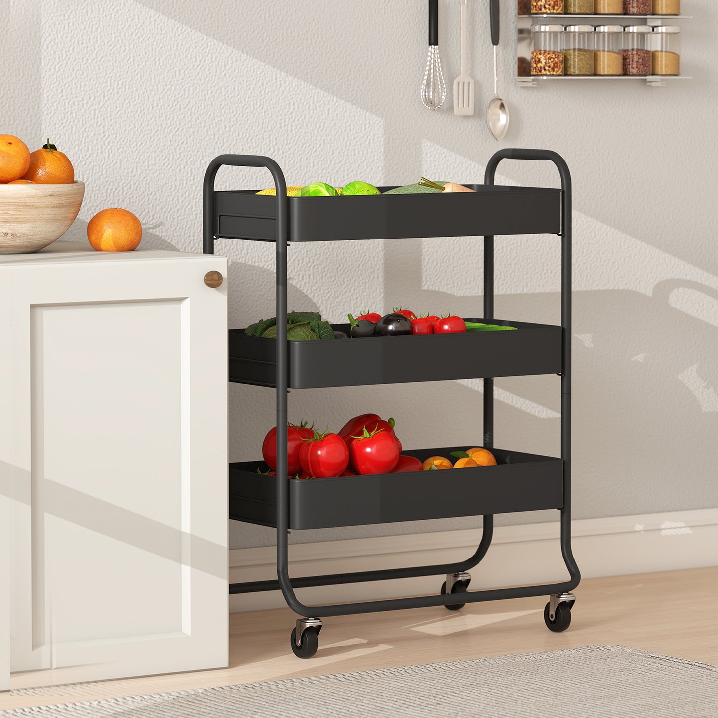 HOMCOM 3 Tier Storage Trolley on Wheels Rolling Utility Cart with Mesh Baskets for Kitchen Bathroom Bedroom Black