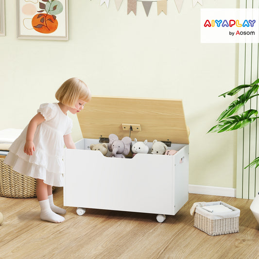 Aiyaplay Toy Box With Lid And Wheels Safety Hinges White Toddler Storage Organizer For Playroom And Bedroom