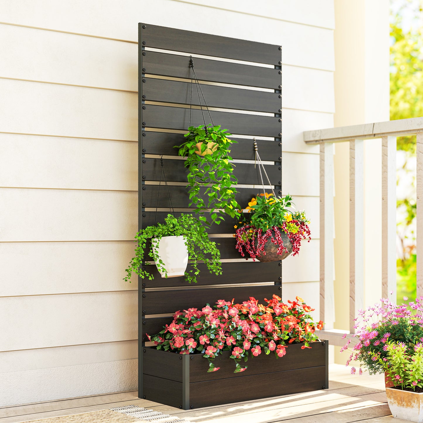 Outsunny Raised Garden Bed With Trellis For Climbing Plants Privacy Screen Black