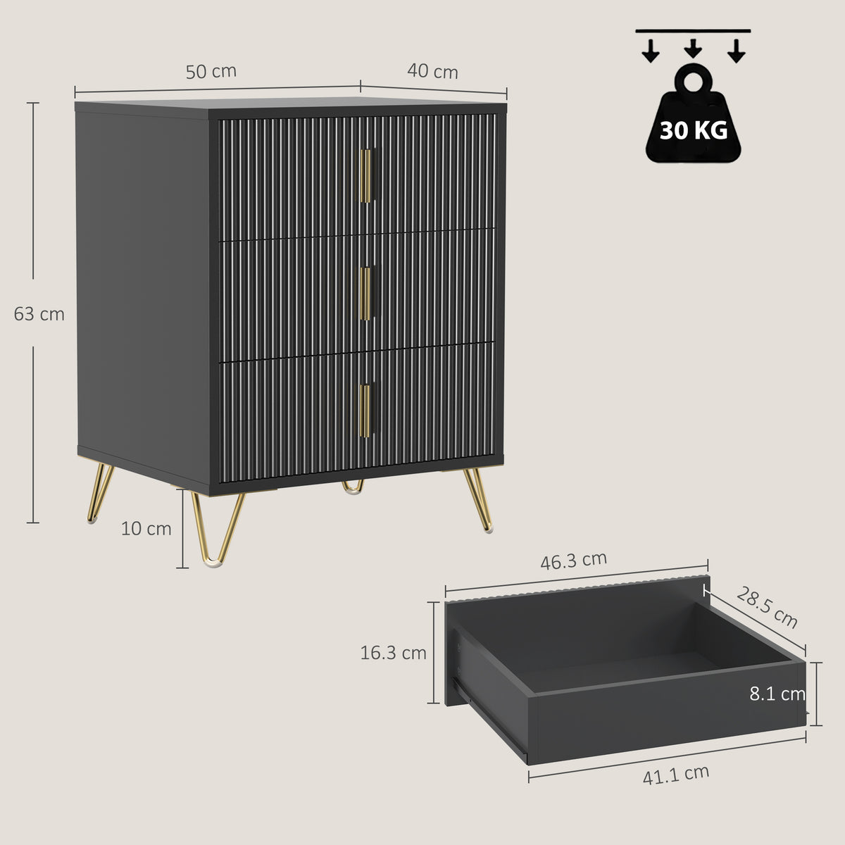 Homcom Modern Fluted 3 Drawer Dresser With Metal Legs For Bedroom Black
