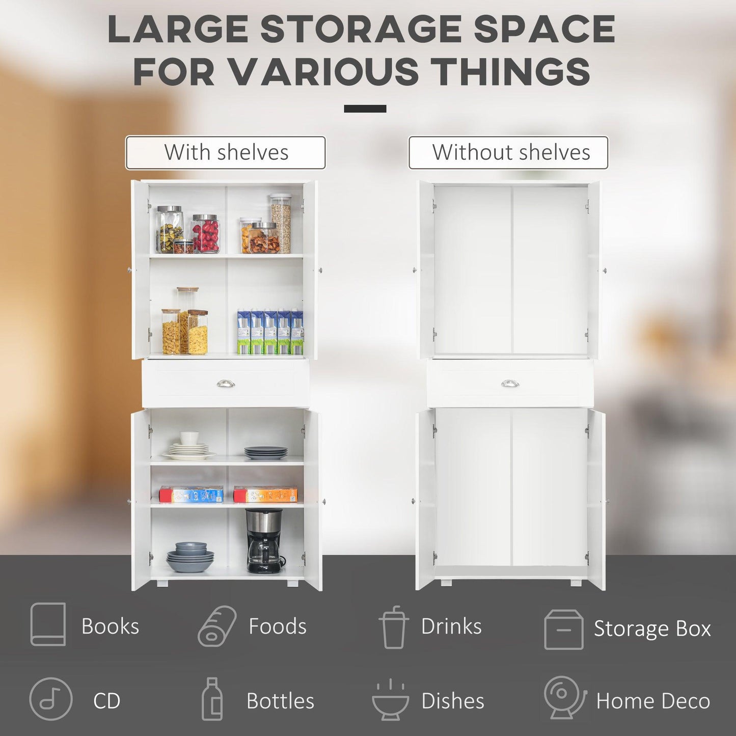 HOMCOM Freestanding Tall Kitchen Cupboard with Drawer and Shelves, White - ALL4U RETAILER LTD