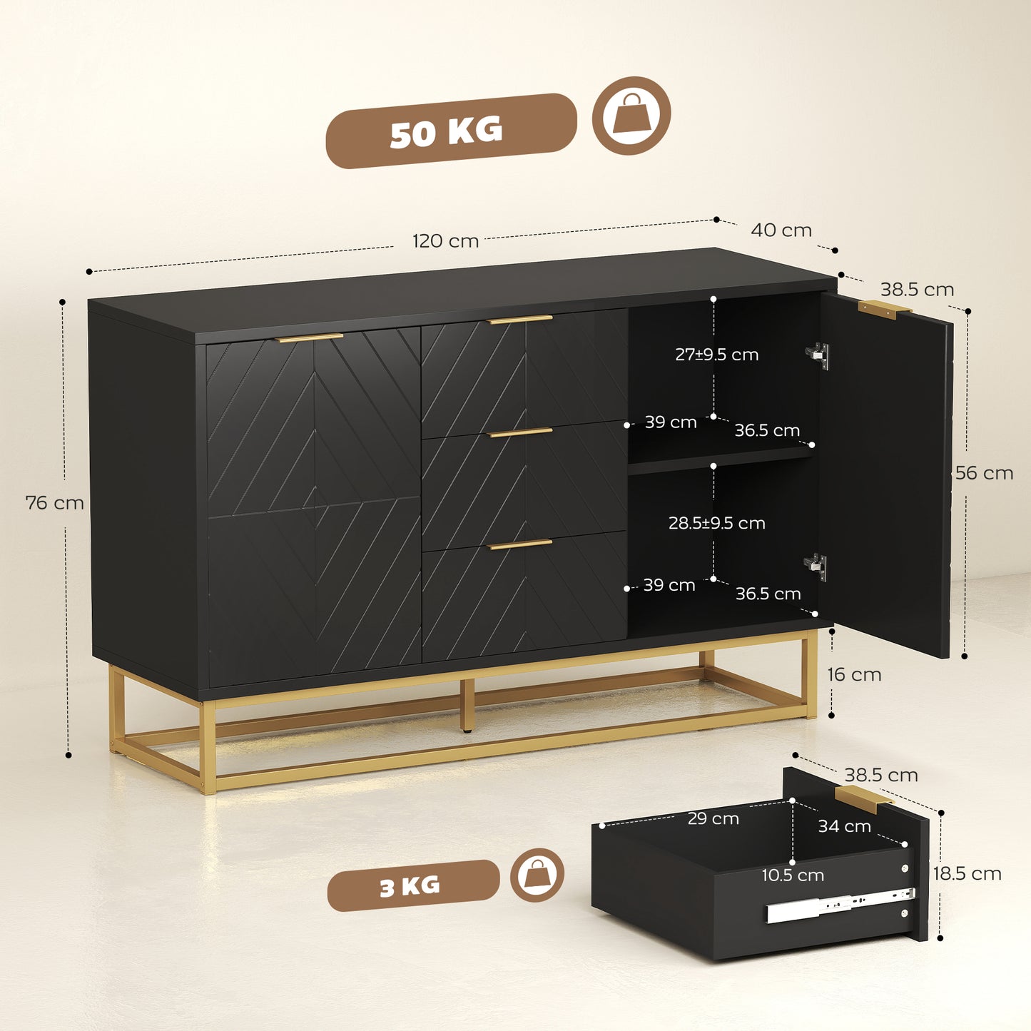 HOMCOM Sideboard With 3 Drawers And Adjustable Shelves For Living Room Black Finish Modern Storage Cabinet
