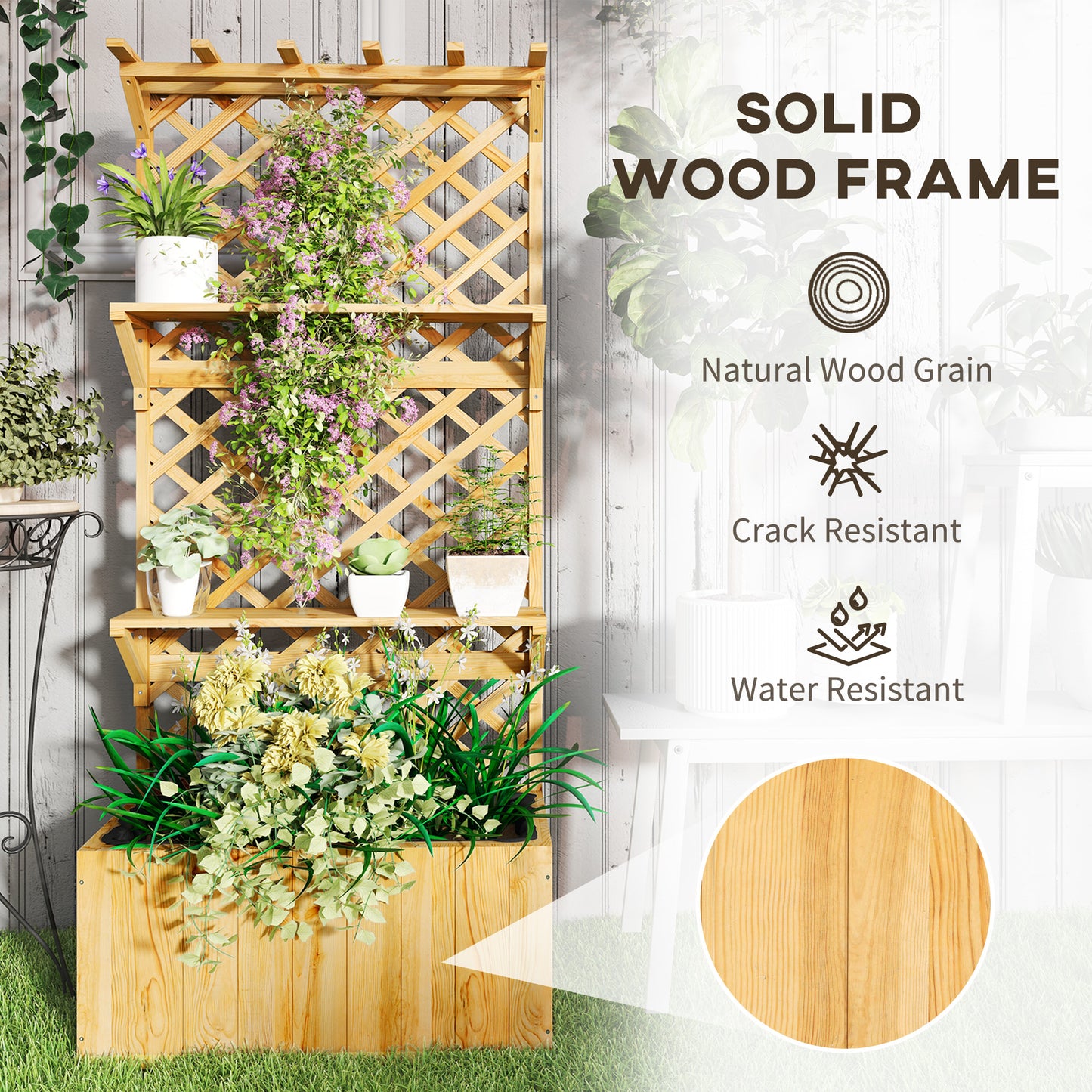 Outsunny 52L Wooden Planter With Trellis And Shelves For Outdoor Gardens Natural Finish