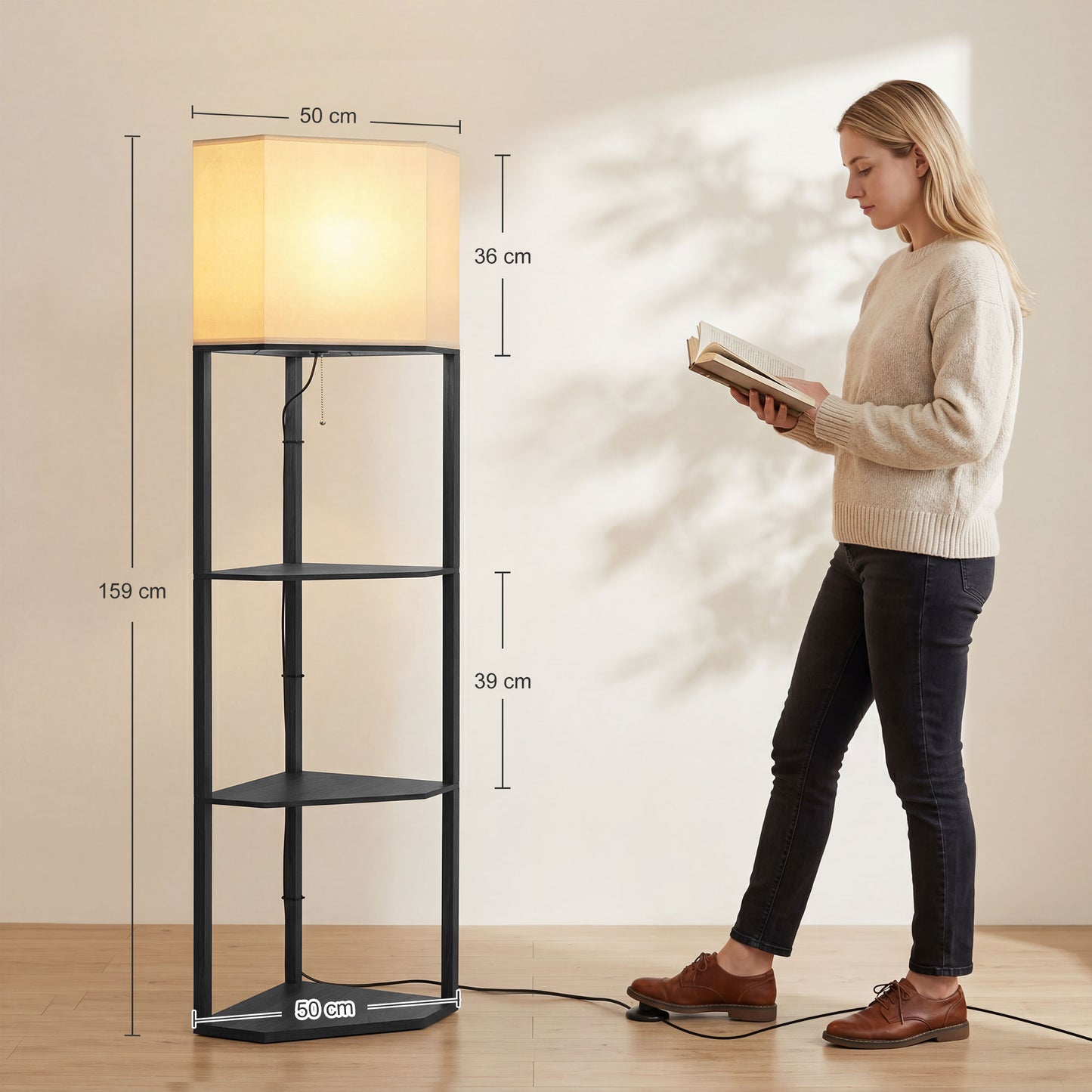 HOMCOM Corner Floor Lamp With Shelves And Dimmable Lights 3000K 4000K 6000K Color Temperature