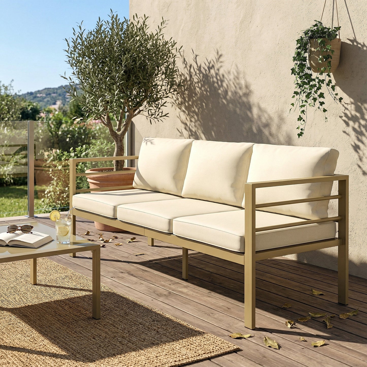 Outsunny Garden Bench With Cushions 3 Seater Sofa With Backrest And Armrests Cream White 185 X 66 X 64 Cm
