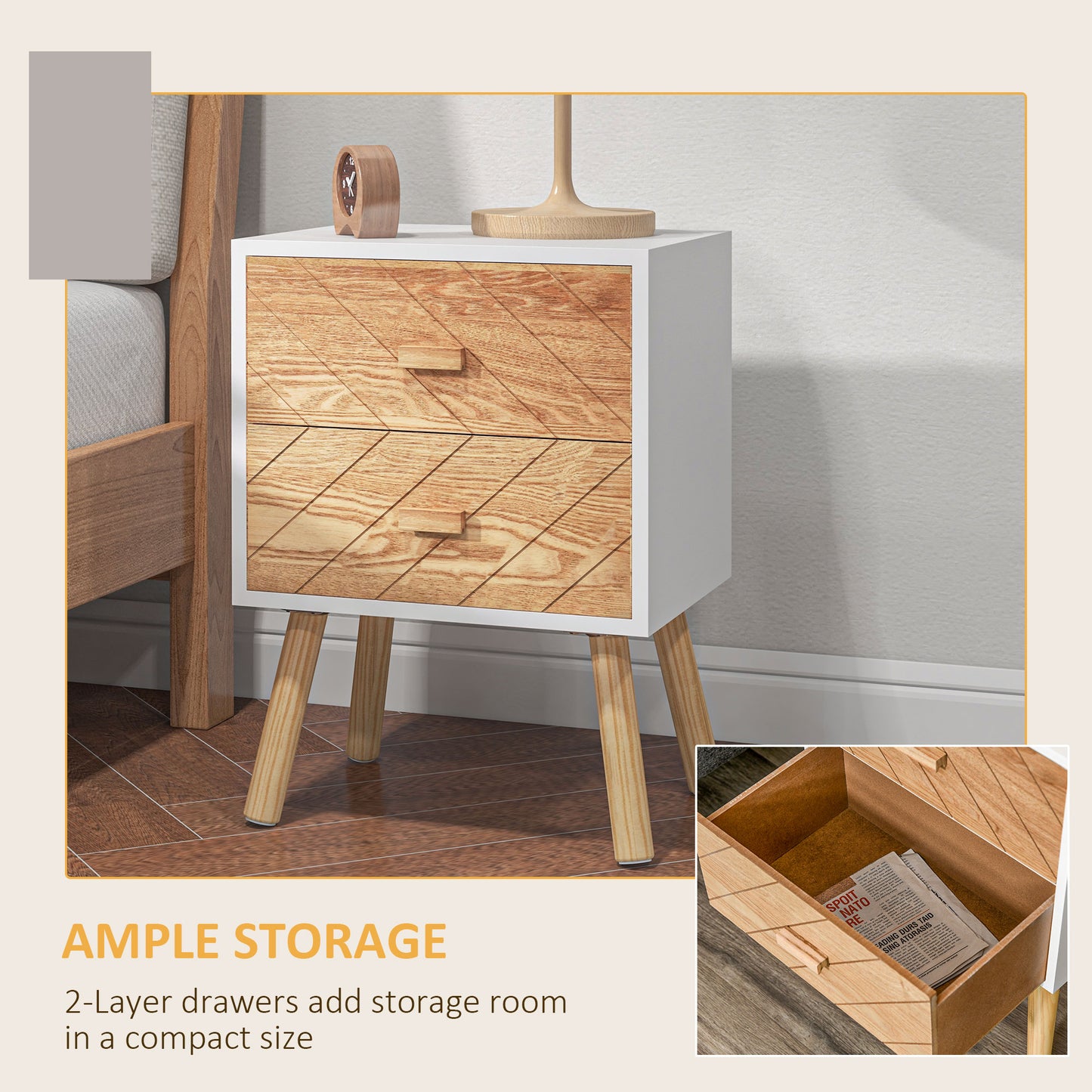 HOMCOM Bedside Table Set of 2 Modern Nightstands with Drawers and Pine Wood Legs White and Natural