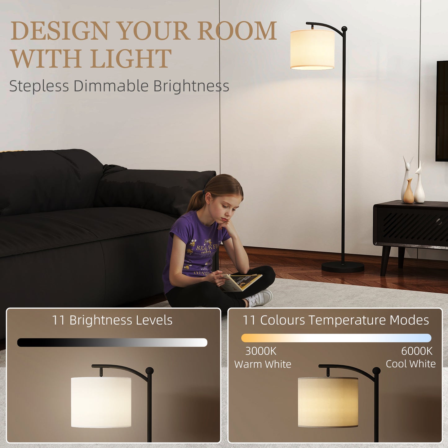 HOMCOM LED Floor Lamp With Remote Control 11 Level Brightness And Color Temperature From Warm To Cool White Black Finish