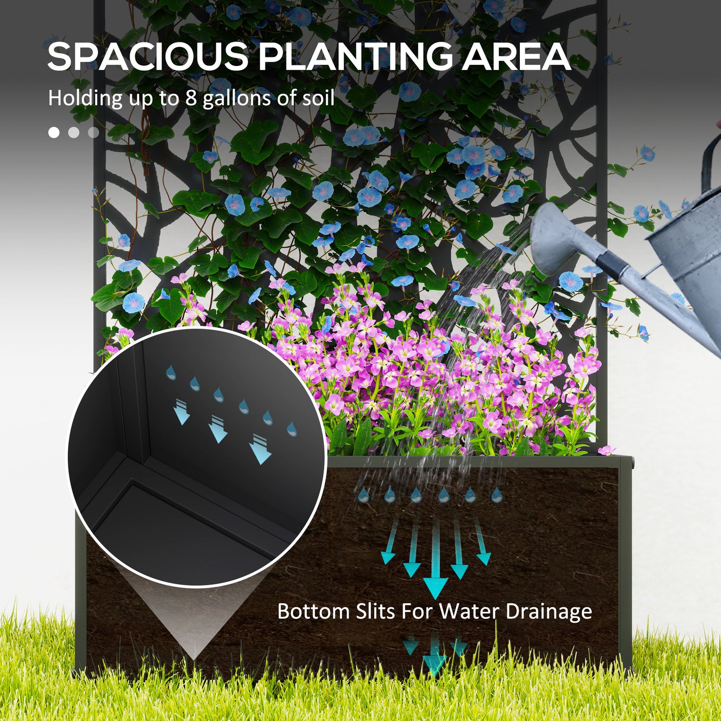 Outsunny Outdoor Metal Planter With Back Trellis Black Garden Box 23x58cm For Climbing Vines Holds 32L Soil
