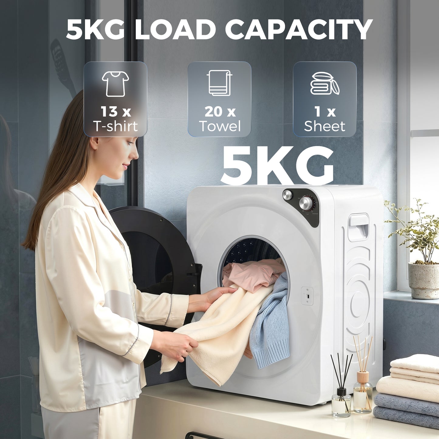 HOMCOM 5kg Vented Tumble Dryer 1000W Compact With 5 Drying Modes Stainless Steel Drum White