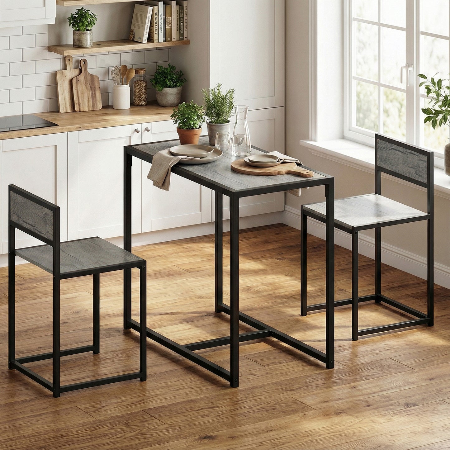 HOMCOM 3 Piece Table and Stool Set Charcoal Grey Wood Effect with Chestnut Brown MDF Panels