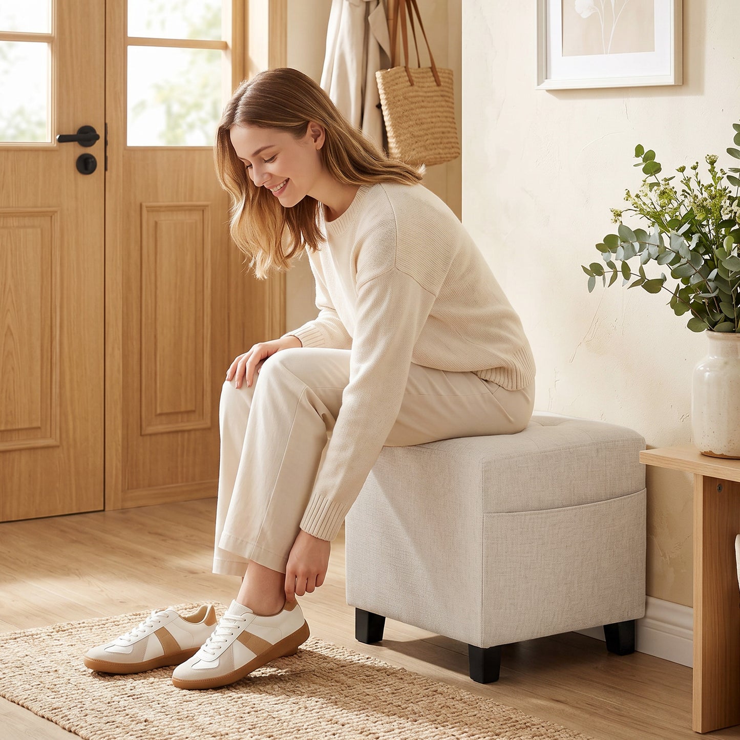 HOMCOM Small Storage Ottoman Square Footstool With Side Pocket Rubber Wood Legs Padded Beige Living Room