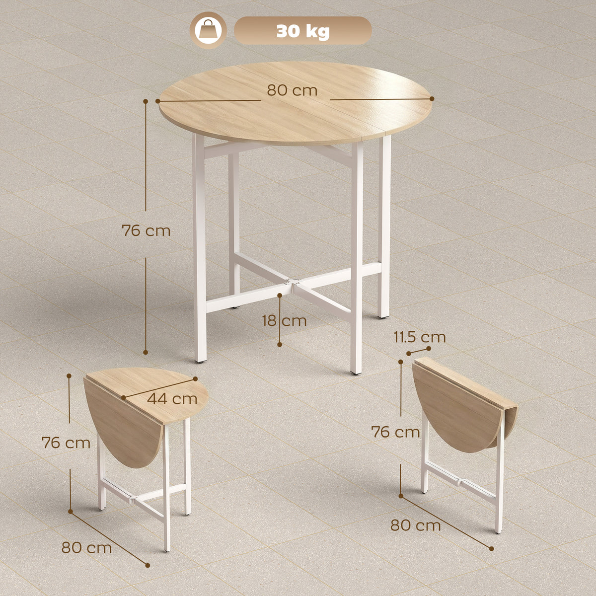 Natural wood round folding dining table with white legs and size measurements