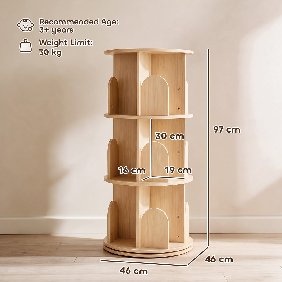 Tall 3-tier rotating kids book display stand with round cubby dividers in light wood