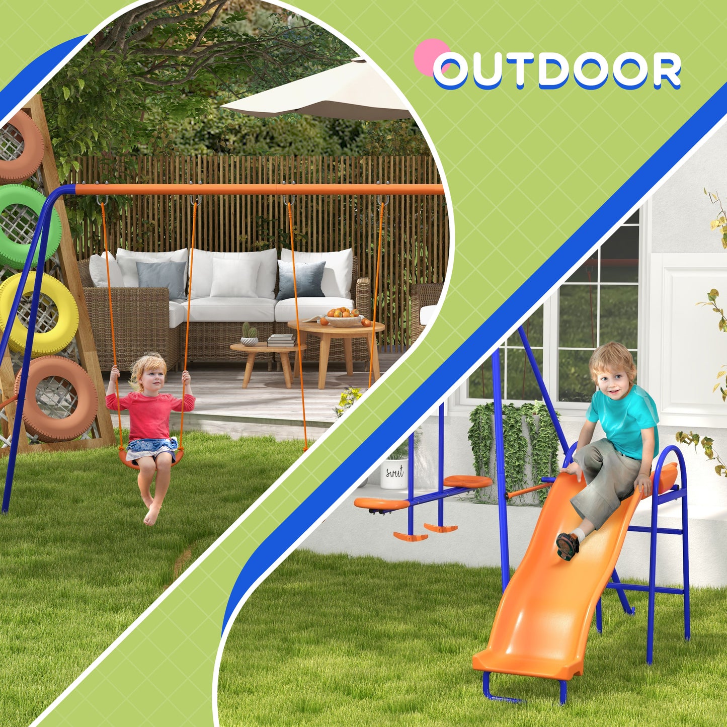 Outsunny 4-in-1 Colorful Metal Outdoor Swing Set with Double Swings, Glider, Slide, and Ladder for Kids - ALL4U RETAILER LTD