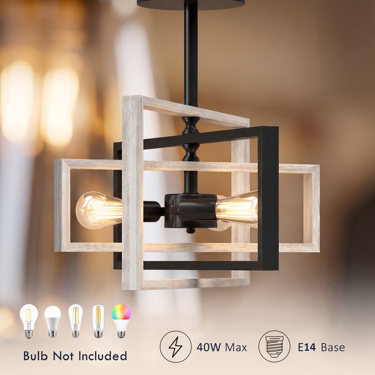 Glowing industrial ceiling light with black sockets, pine-wood bars, and four exposed bulbs