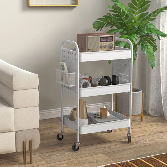 HOMCOM White 3-Tier Rolling Storage Trolley with Mesh Baskets, Hanging Boxes, and Hooks – Utility Serving Cart for Kitchen and Living Room - ALL4U RETAILER LTD