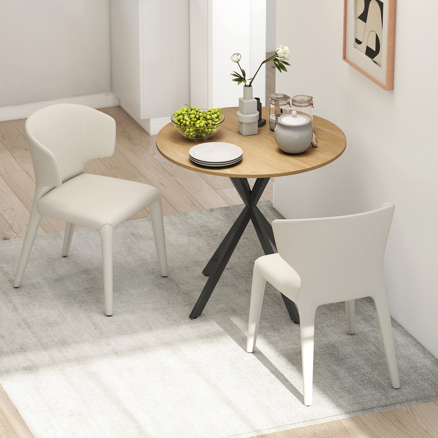 HOMCOM 80cm Round Dining Table White Oak Effect With Black Legs Industrial Style