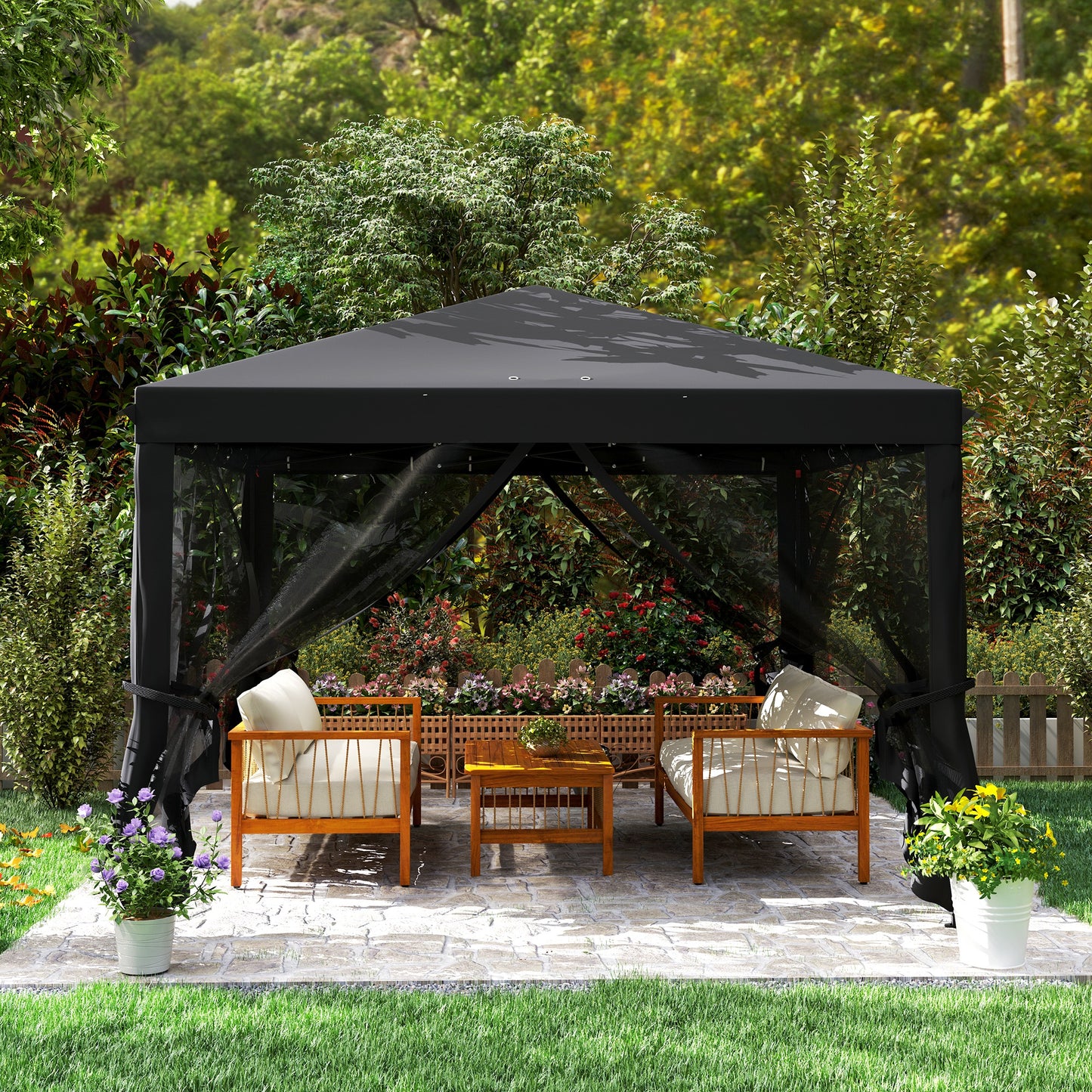 Outsunny 3 X 3 M Pop Up Gazebo With 420D Canopy Removable Mesh Sidewall Netting Carry Bag Black