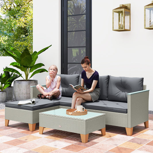 Outsunny 3 Piece Rattan Garden Furniture Set L Shaped Sofa Chaise Lounge With Wood Top Coffee Table Charcoal Grey