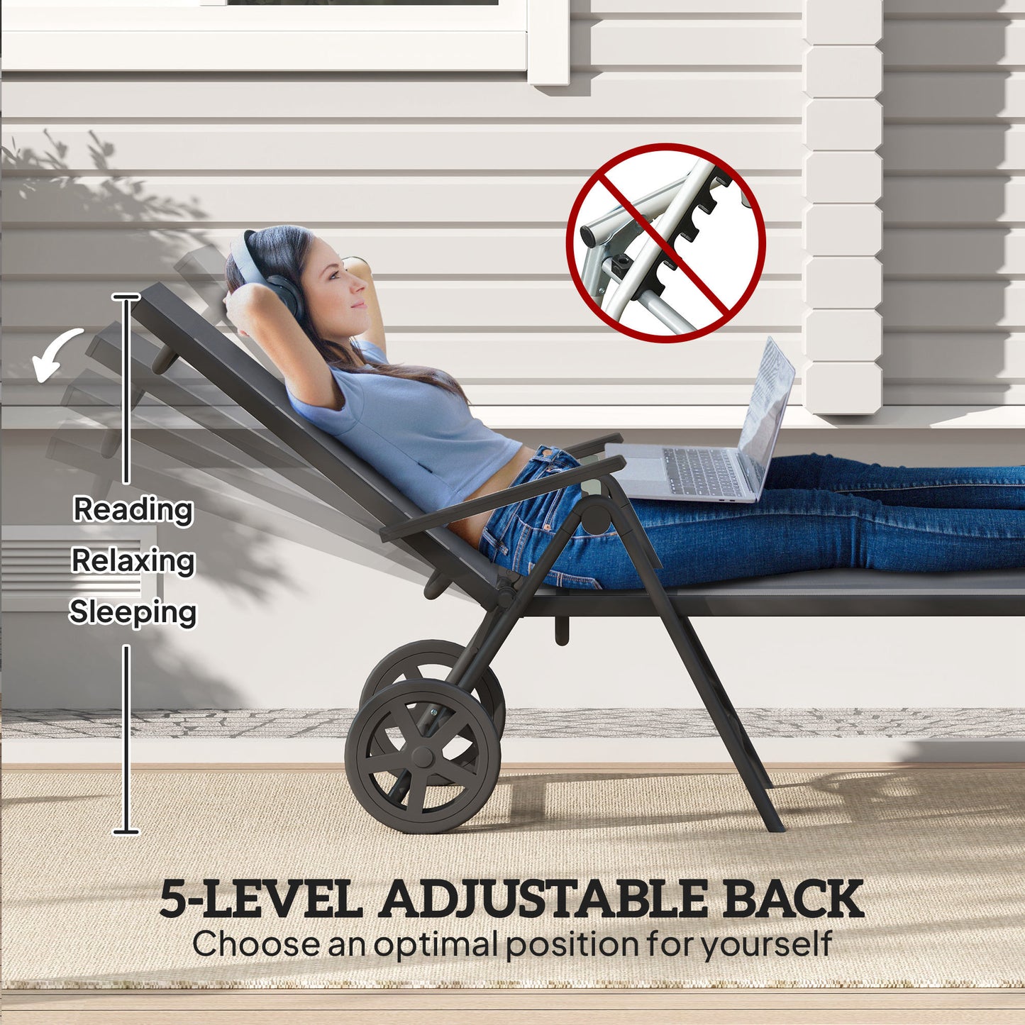 Outsunny Five Position Reclining Sun Lounger Grey Outdoor Garden With Textiline Mesh Seat